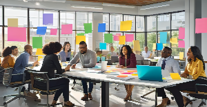 A diverse group of employees collaboratively brainstorming in a modern office, showcasing inclusivity and teamwork.