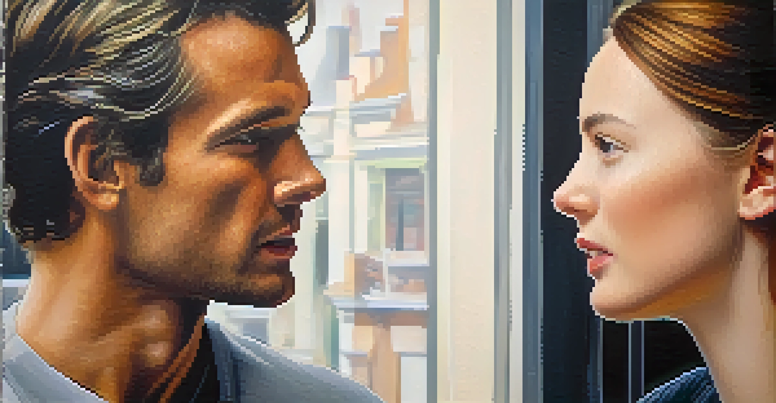 A close-up of two people in conversation, focusing on nonverbal communication through eye contact and gestures.