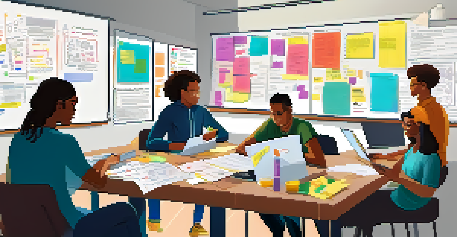 A diverse group of individuals collaborating on a project at a table, with papers and laptops, emphasizing teamwork and creativity.