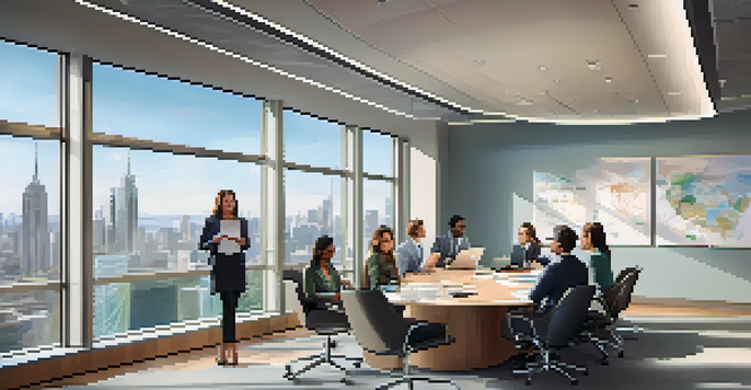 A diverse group of professionals in a modern office meeting, surrounded by natural light and a city skyline view.
