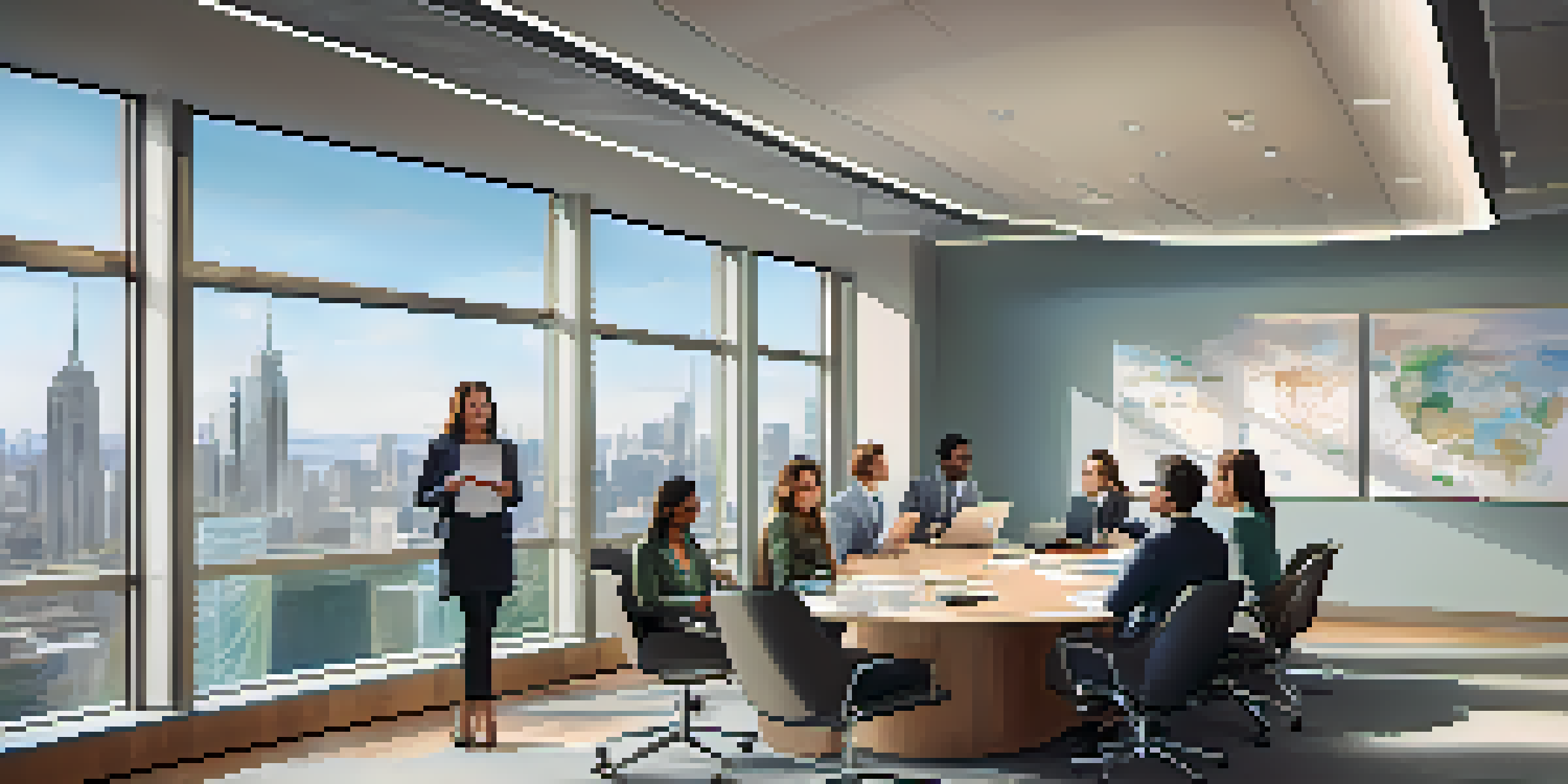 A diverse group of professionals in a modern office meeting, surrounded by natural light and a city skyline view.