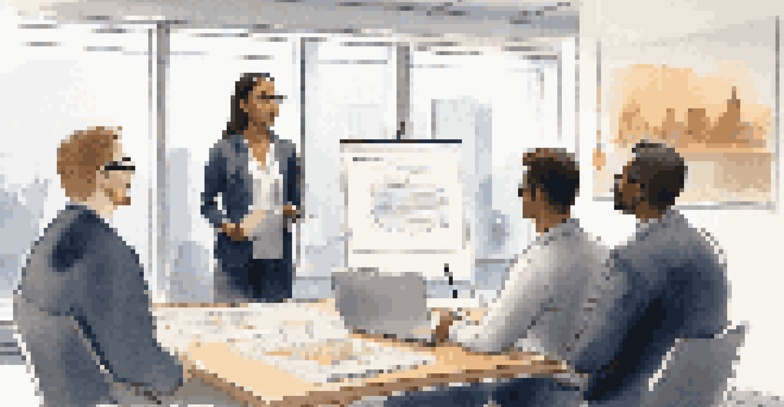 An intern presenting to professionals in an office, with a presentation board and an engaged audience.