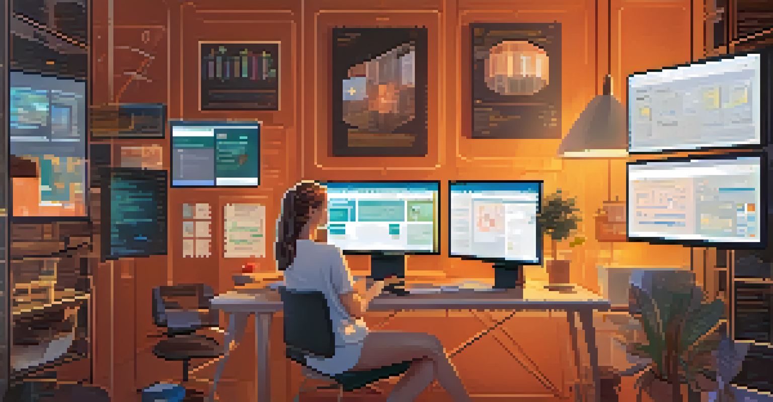 A woman engaged in online coding education surrounded by digital screens and a cozy room.