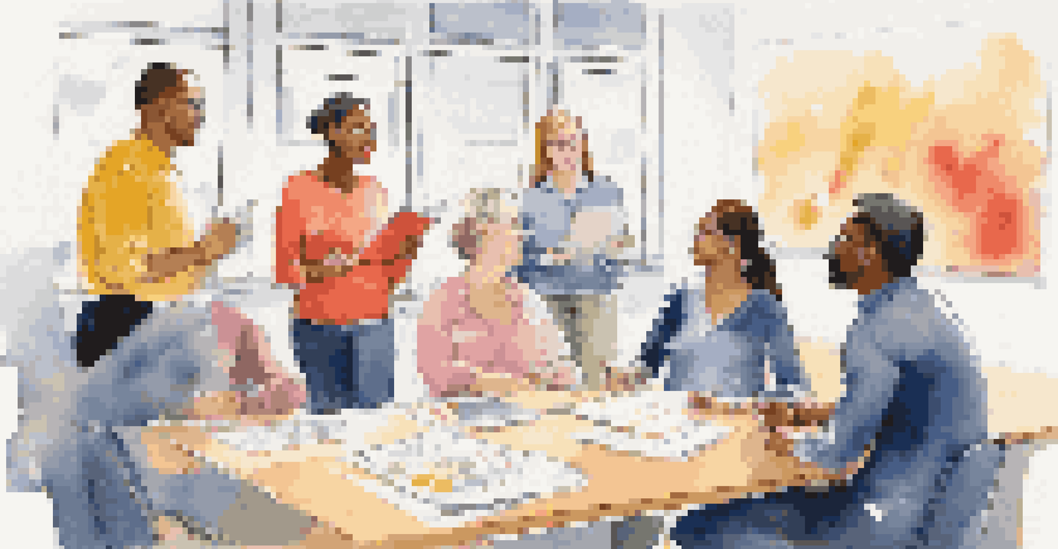 Colleagues in a bright workshop, actively discussing and practicing assertiveness skills together.