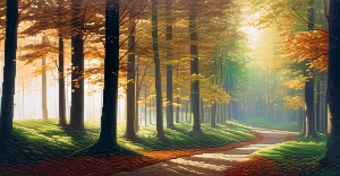 A peaceful forest scene at dawn, with sunlight shining through the trees and a winding path covered in leaves.