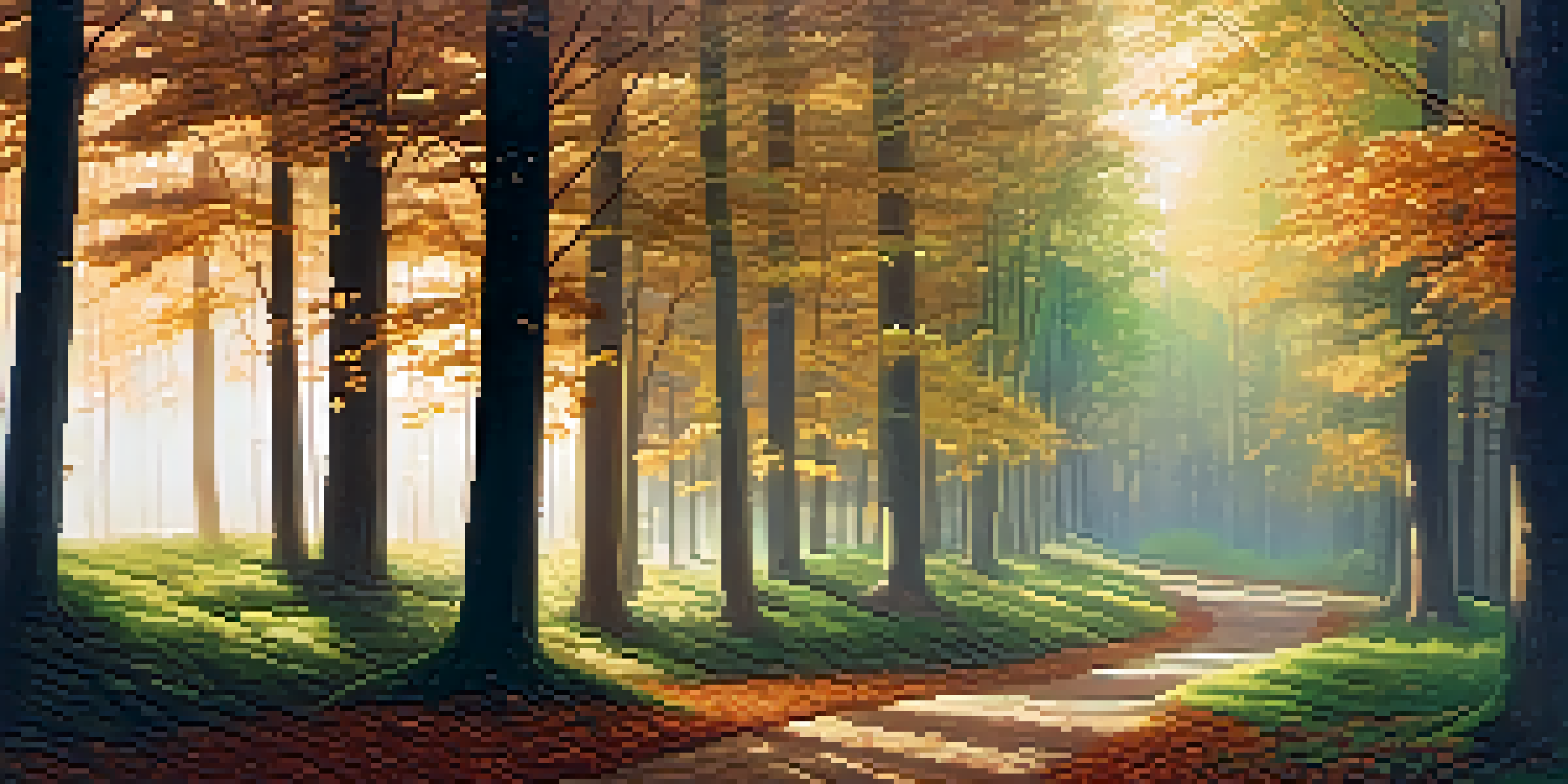 A peaceful forest scene at dawn, with sunlight shining through the trees and a winding path covered in leaves.