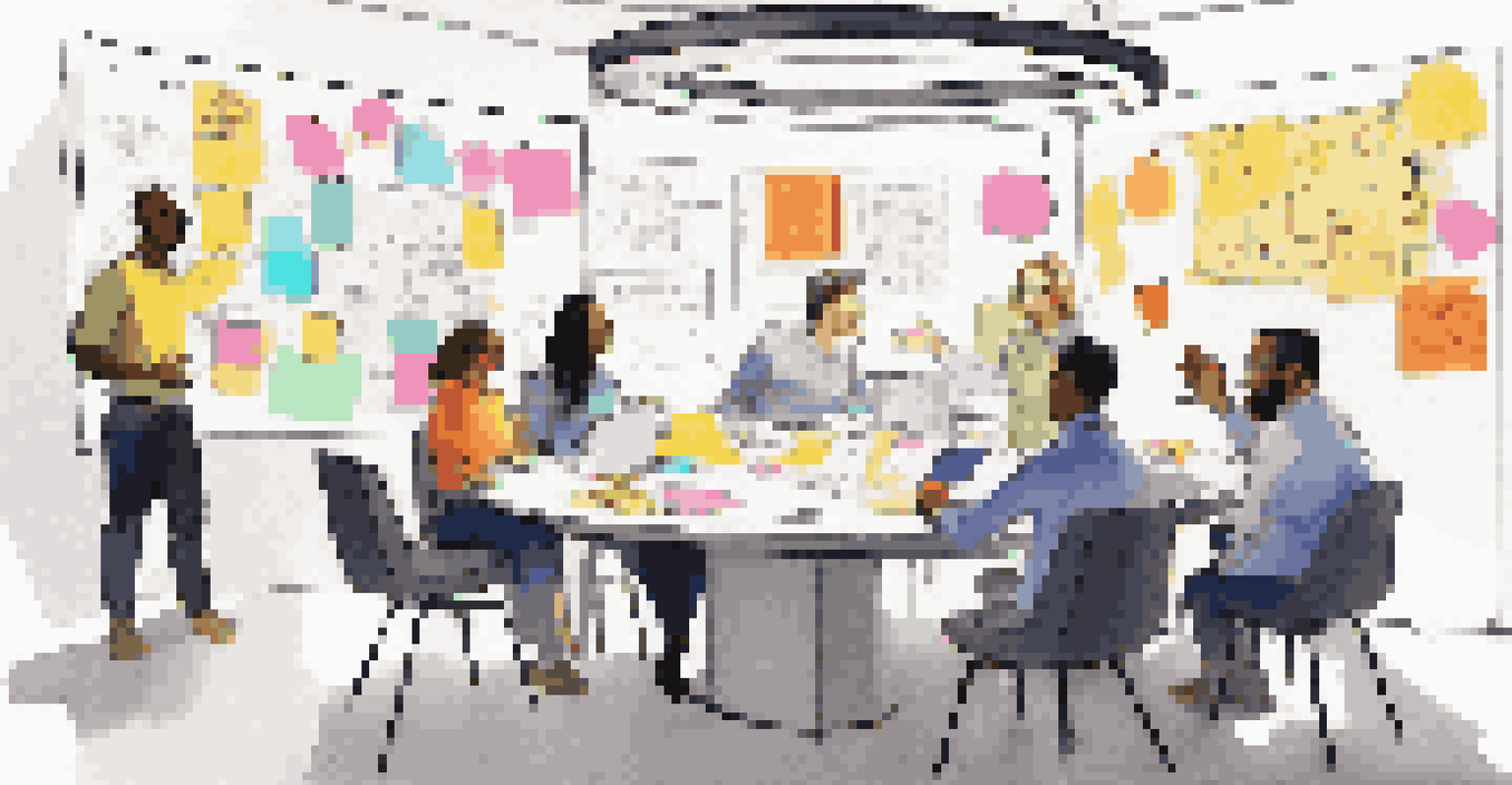 Employees from diverse backgrounds collaborating at a table with sticky notes and sketches during a brainstorming session.