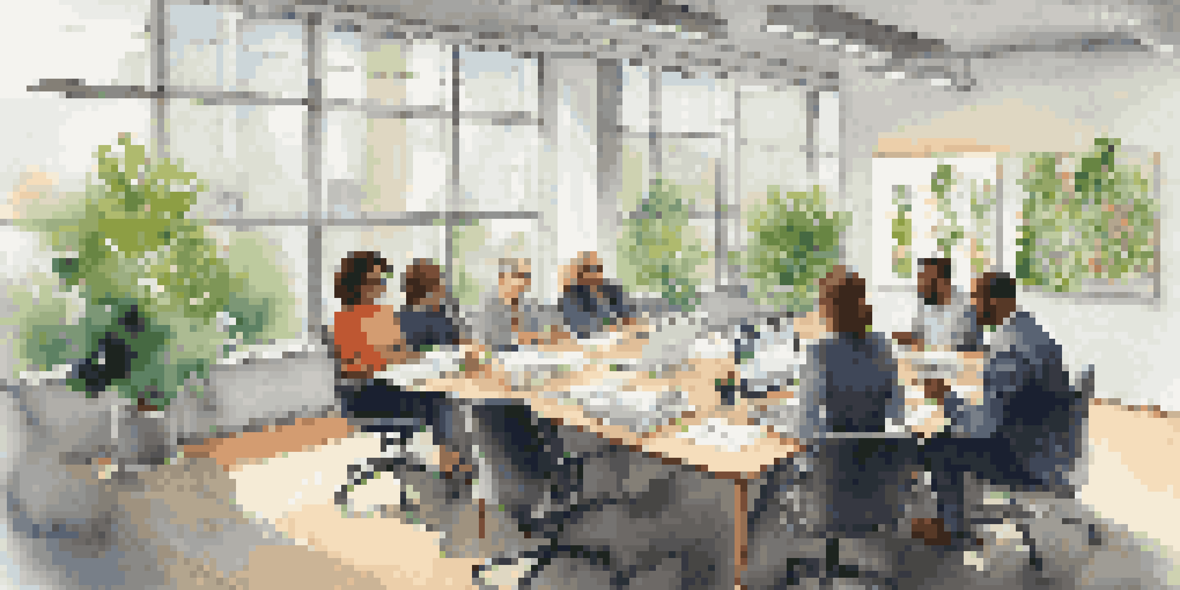 A diverse group of professionals in an office setting discussing around a table with natural light and greenery.