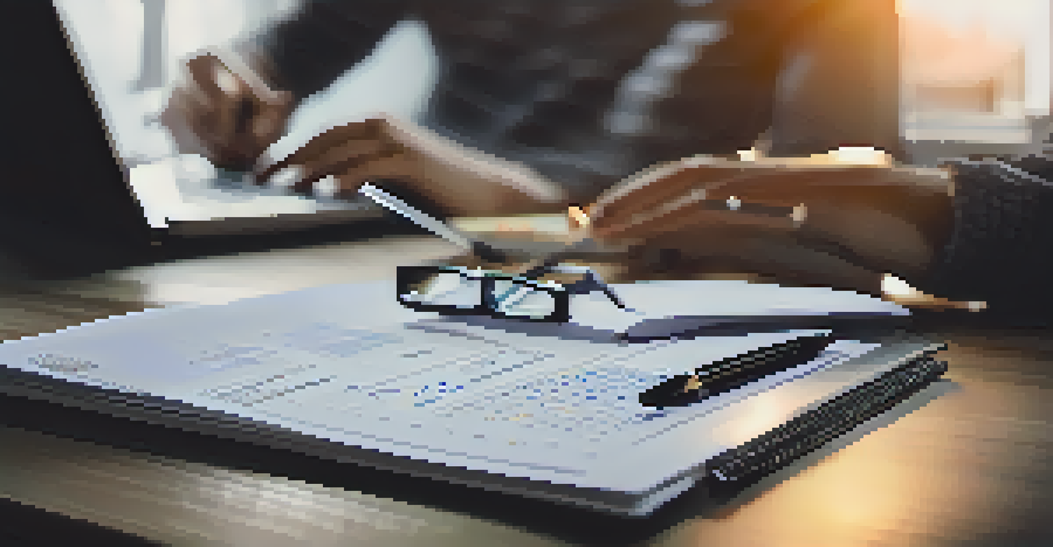 A close-up of hands typing on a laptop with financial documents, a calculator, and a cup of coffee on an organized desk.