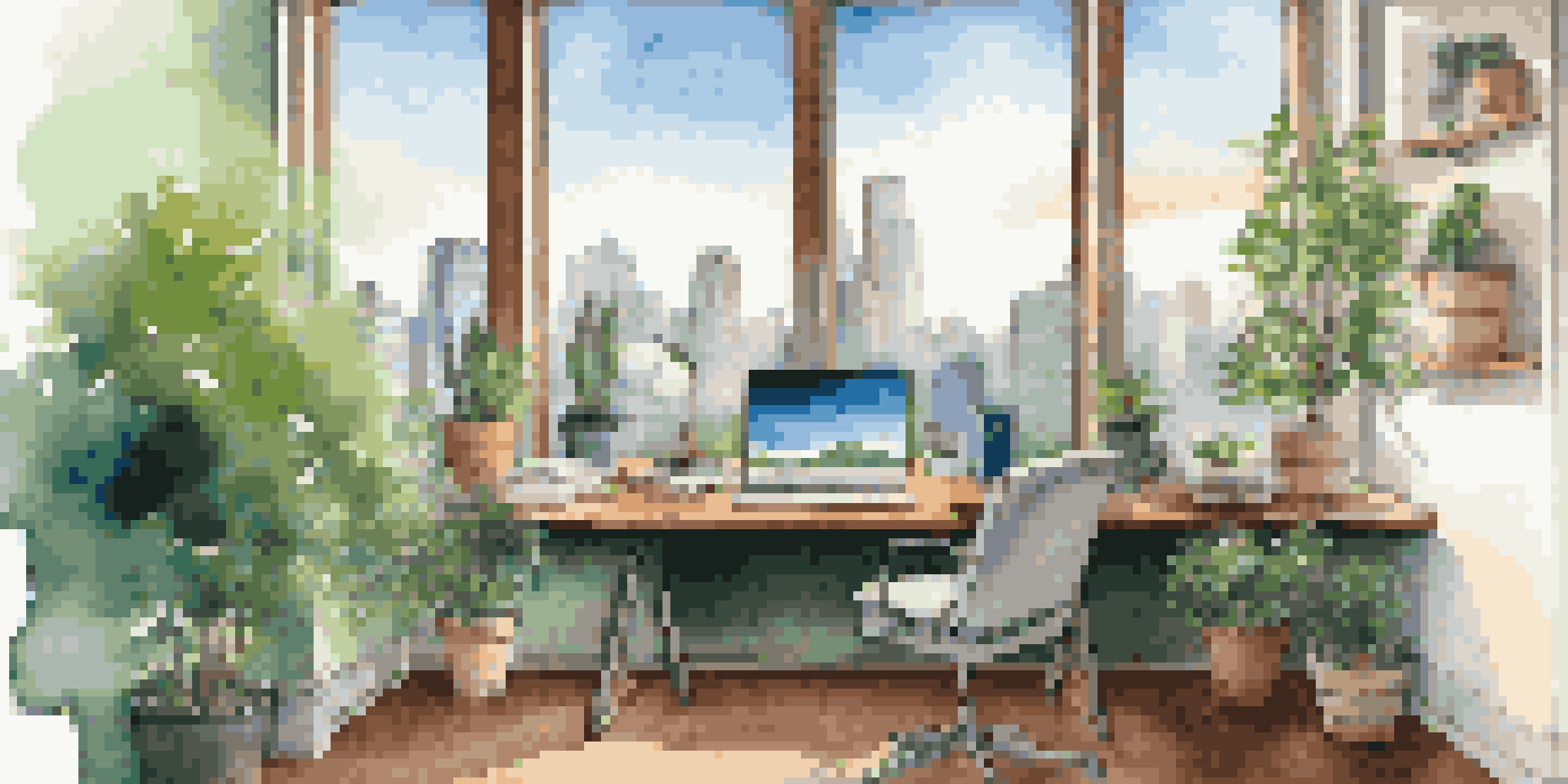 A bright and cozy office space with a wooden desk, laptop, and a view of a city skyline through a large window.