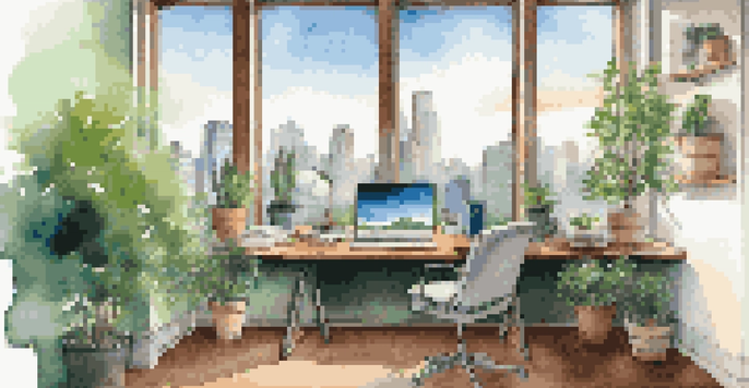 A bright and cozy office space with a wooden desk, laptop, and a view of a city skyline through a large window.