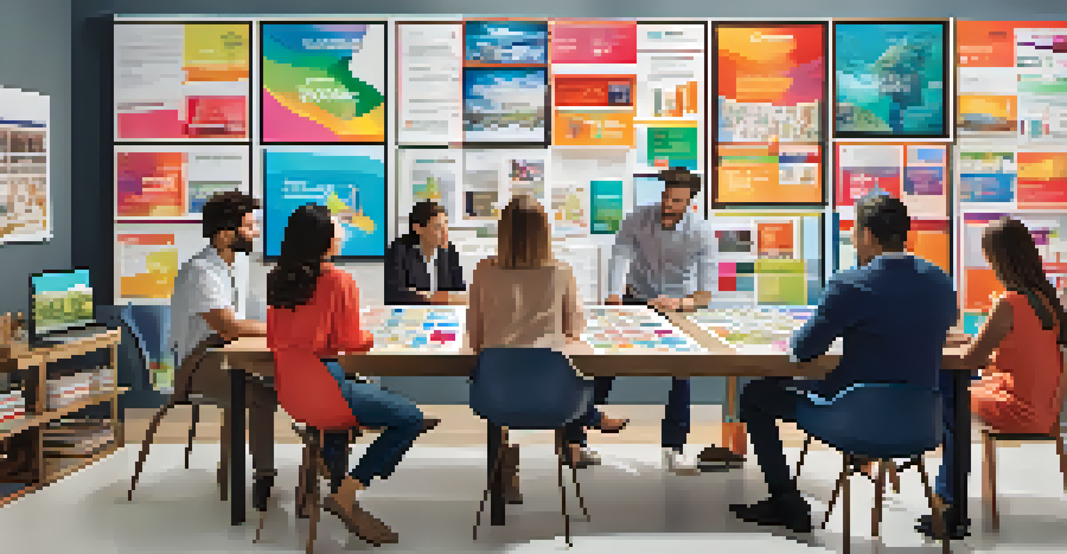 A diverse team brainstorming marketing ideas with colorful materials spread across a table, highlighting creativity and cultural awareness in a contemporary setting.