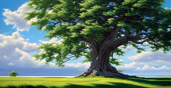 A strong tree bending with the wind in a bright landscape, symbolizing resilience and adaptability.