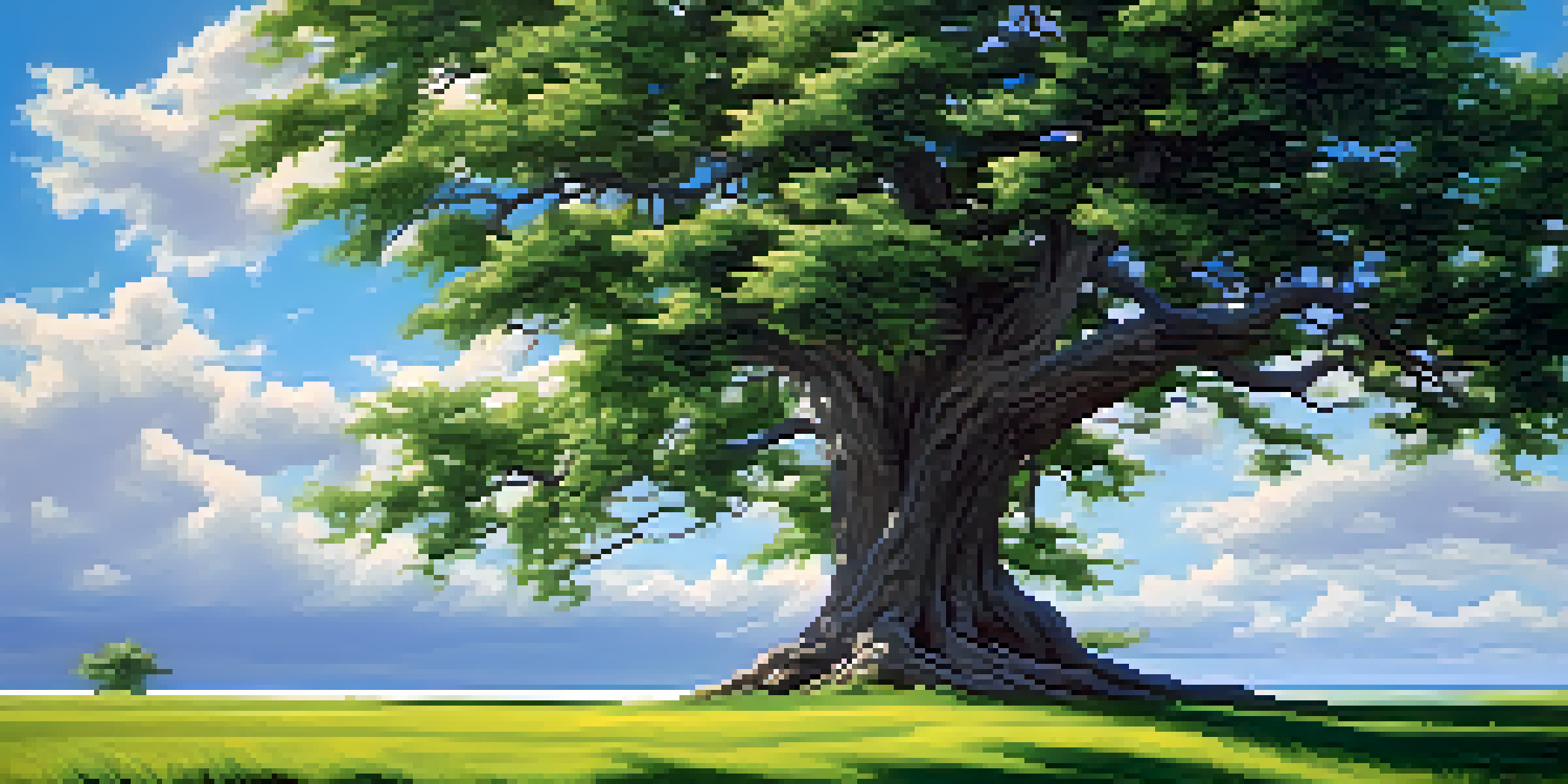 A strong tree bending with the wind in a bright landscape, symbolizing resilience and adaptability.