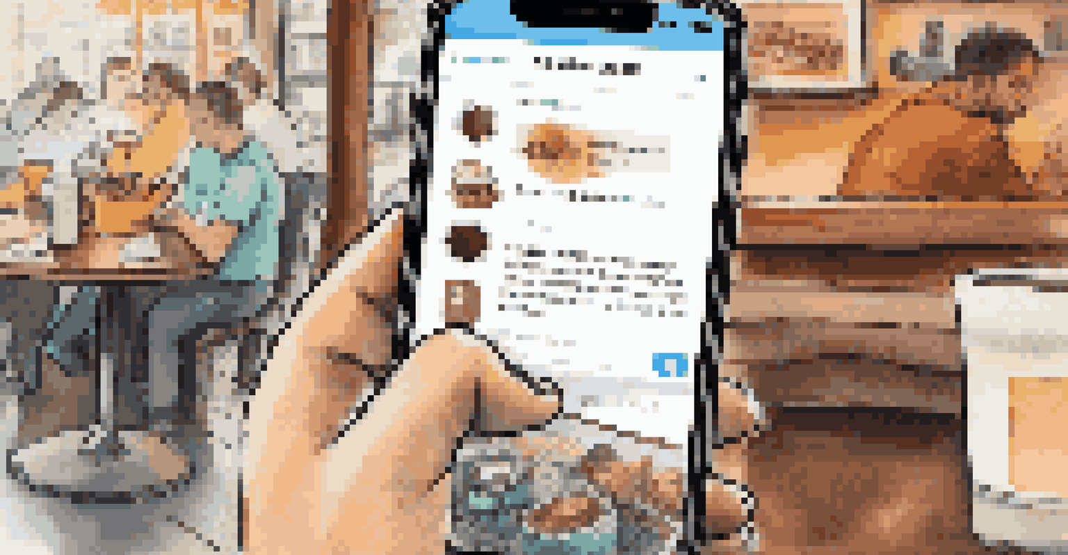 A smartphone showing a Twitter feed with job search hashtags in a coffee shop, with a person working on a laptop in the background.