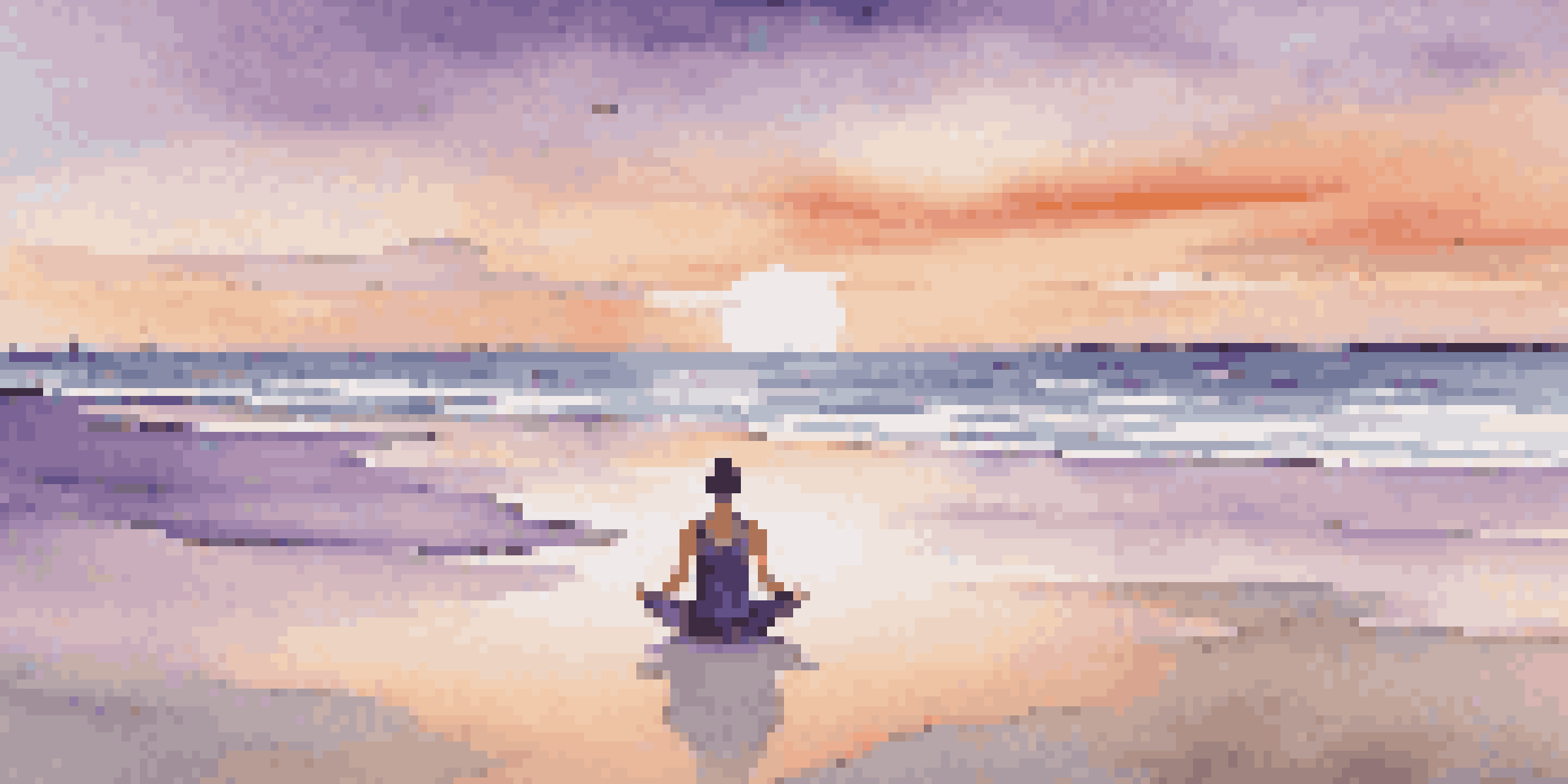 A person practicing yoga on a beach at sunset, surrounded by calm waters and a colorful sky.