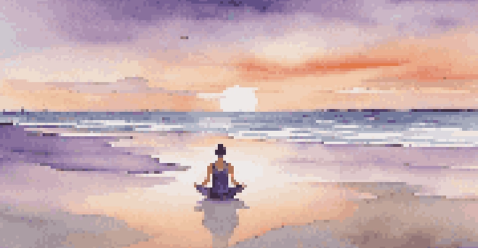 A person practicing yoga on a beach at sunset, surrounded by calm waters and a colorful sky.