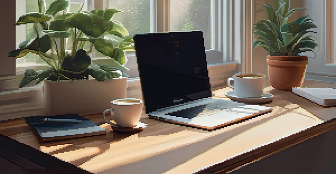 A warm and inviting home office with a wooden desk, laptop, houseplants, and a cup of coffee, illuminated by soft morning light.