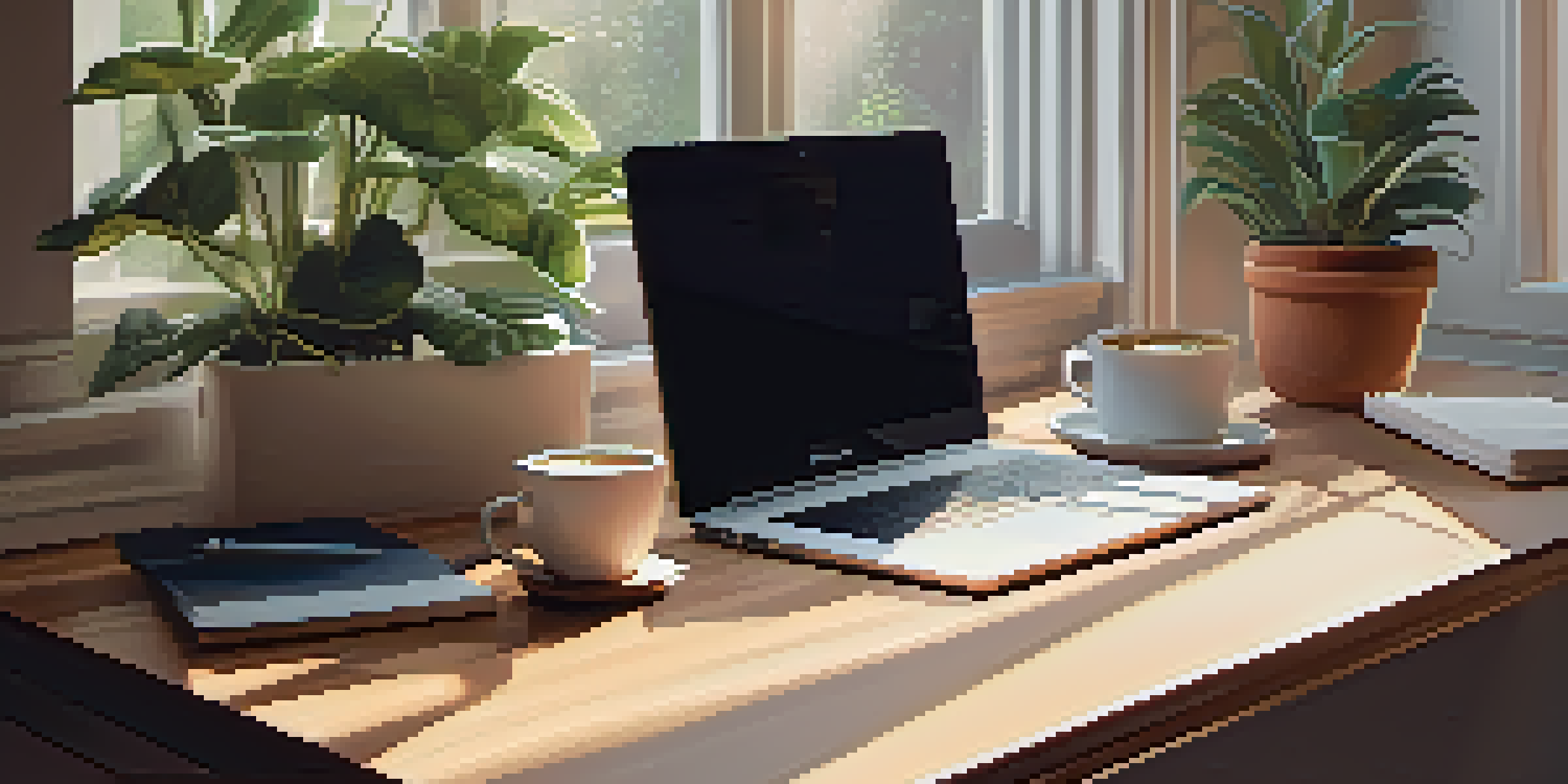 A warm and inviting home office with a wooden desk, laptop, houseplants, and a cup of coffee, illuminated by soft morning light.