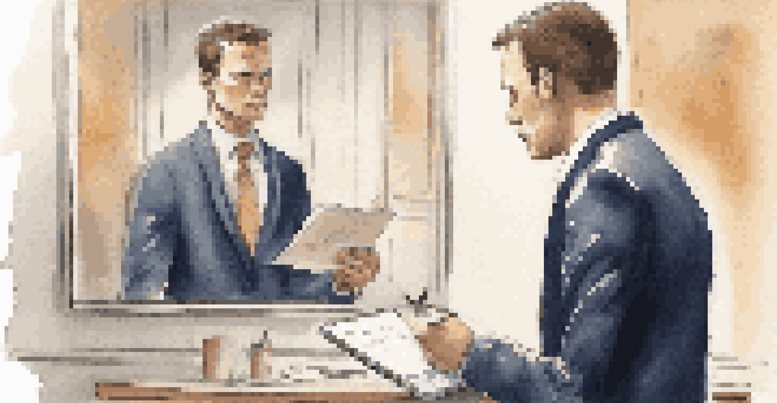 A person practicing negotiation skills in front of a mirror, dressed professionally and looking determined in a softly lit room.