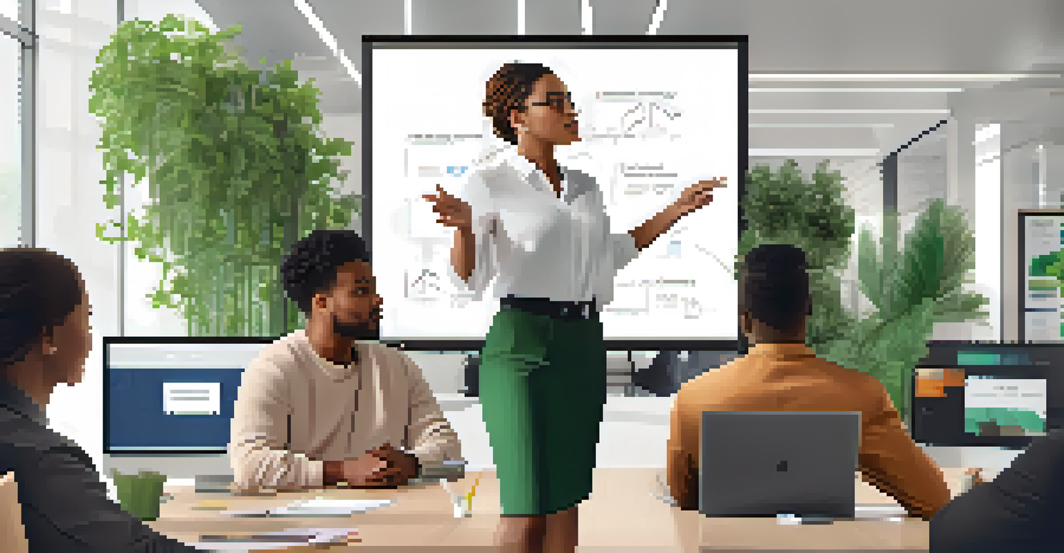 A confident female leader of color presenting to a diverse team in a modern office setting.