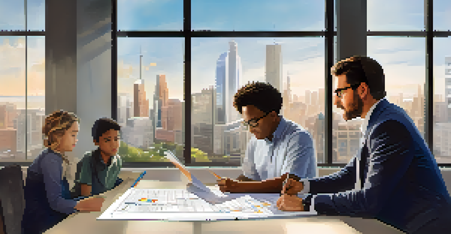 A mentor and mentee working together in an office, discussing a project while surrounded by a bright and motivating environment.