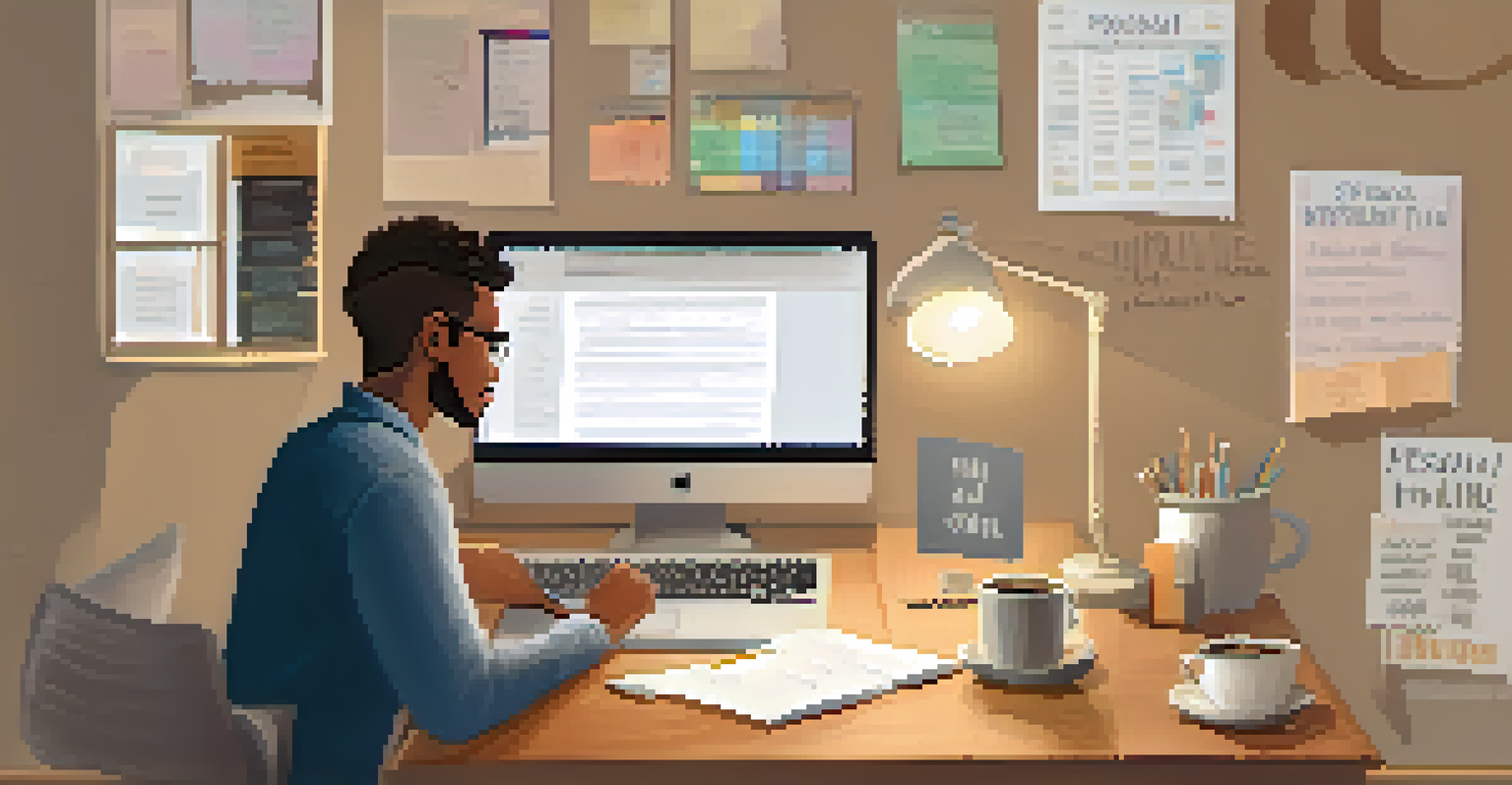 An individual working on a personal development plan at a desk with motivational posters and a cozy atmosphere.