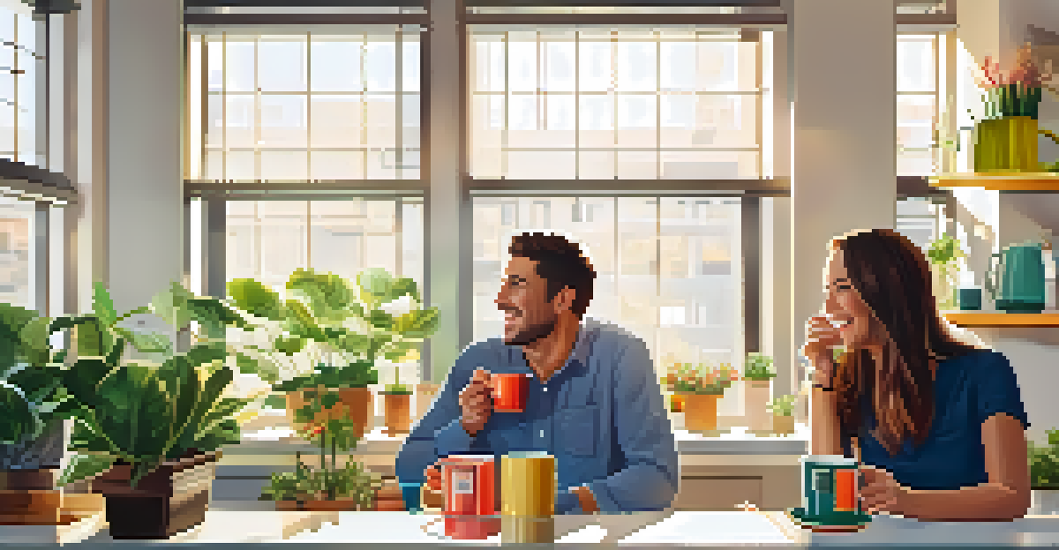 Two colleagues sharing a joyful coffee break in a modern office kitchen.