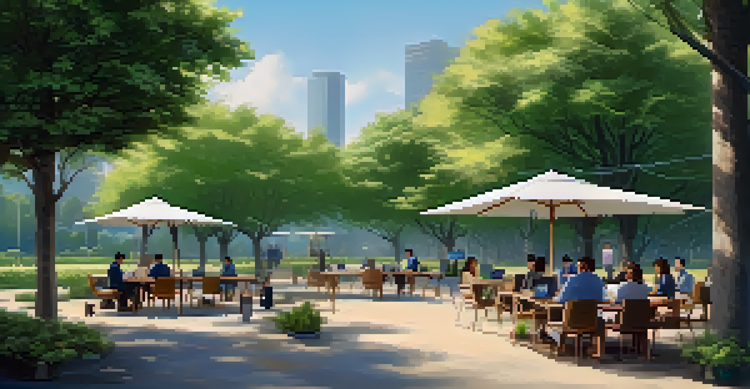 Employees working in an outdoor workspace surrounded by trees and greenery on a sunny day.