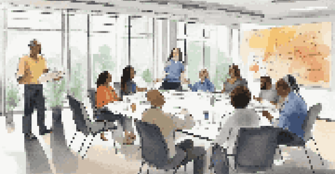 A diverse group of employees participating in a conflict resolution training session in a modern conference room.