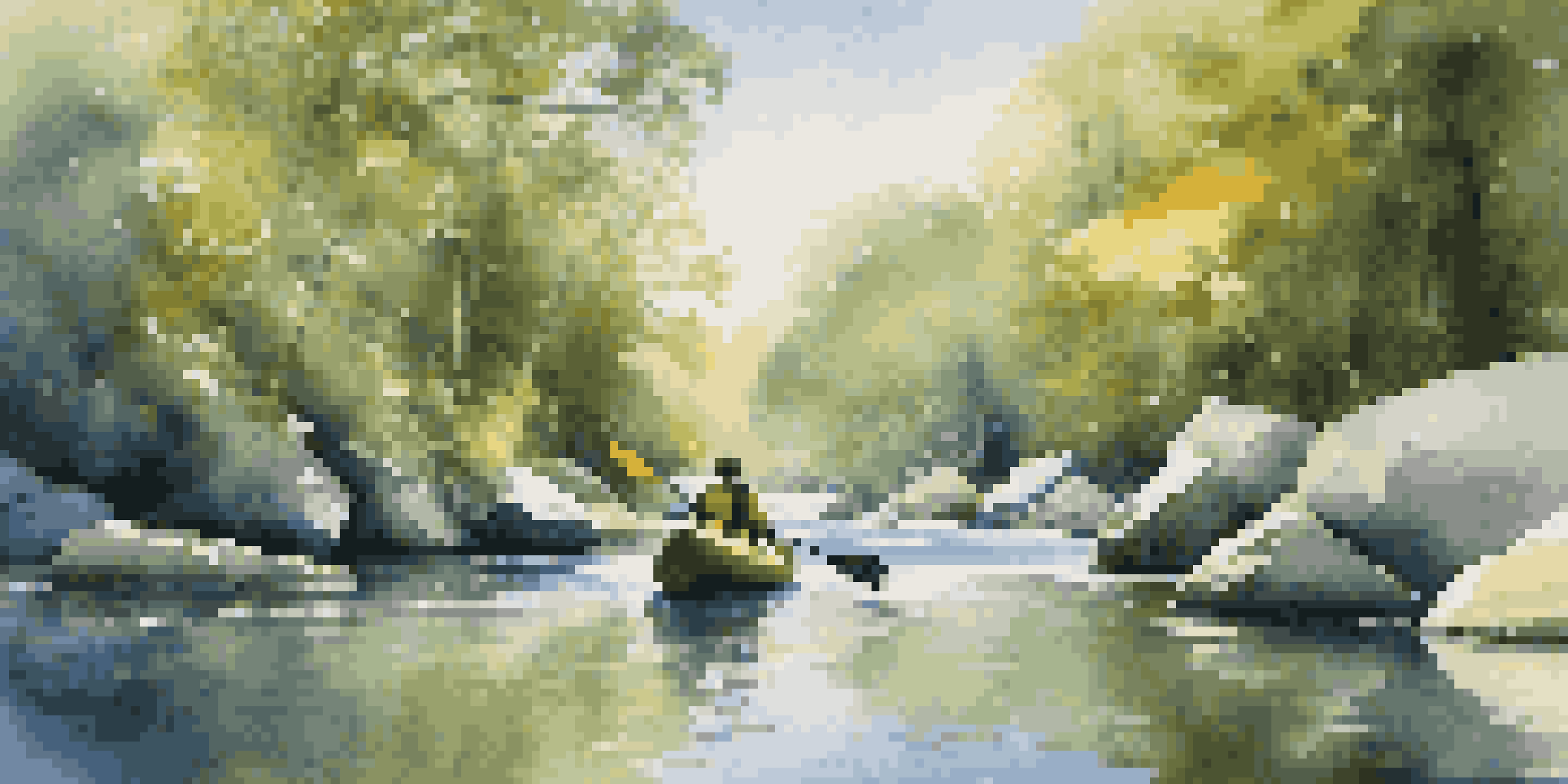 A person in a kayak navigating a river with boulders, symbolizing career adaptability, surrounded by greenery and sunlight.
