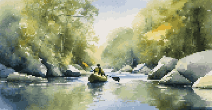 A person in a kayak navigating a river with boulders, symbolizing career adaptability, surrounded by greenery and sunlight.