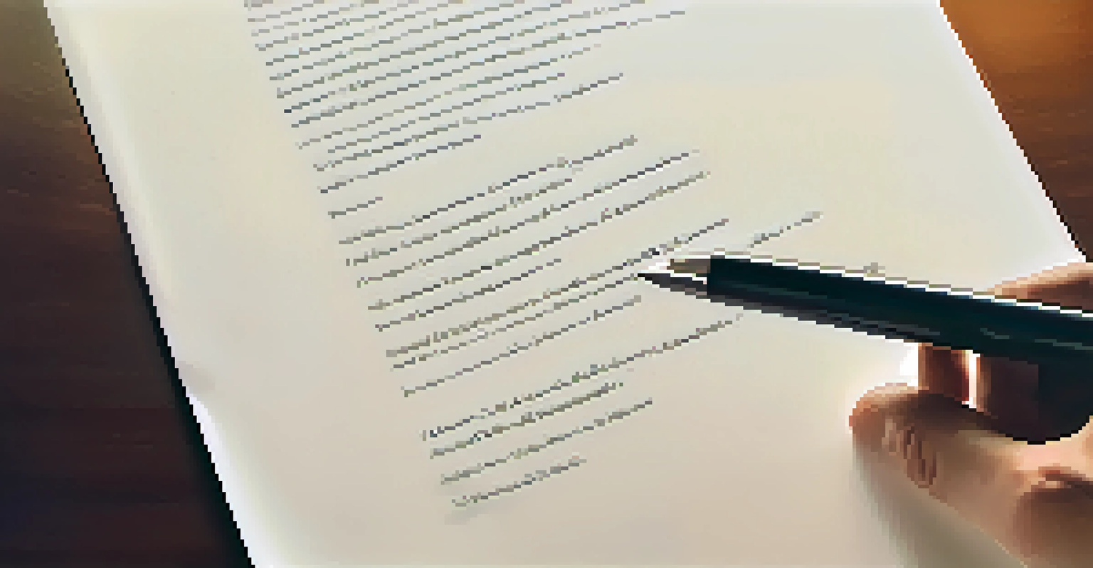 A close-up view of a hand poised with a pen over a typed cover letter, set against a softly lit cozy reading nook.