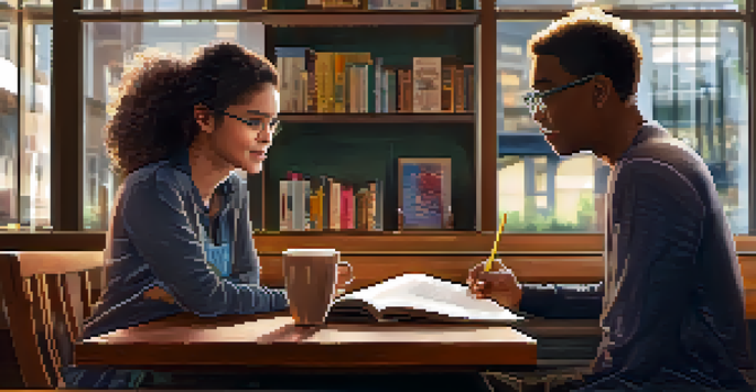 A mentor and mentee having a discussion in a coffee shop, with soft lighting and bookshelves in the background.