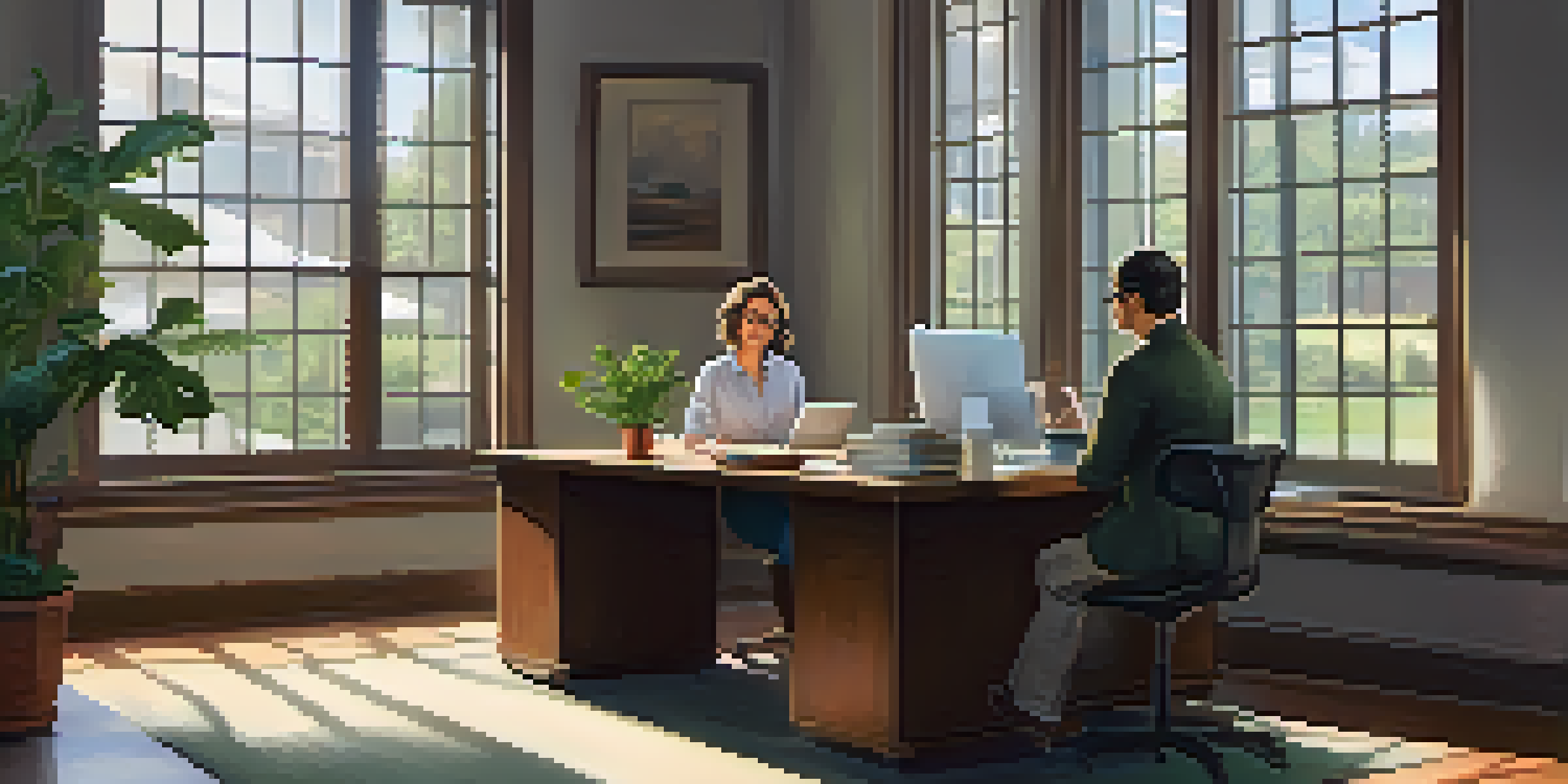 A mentor and mentee having a discussion in a well-lit office with a wooden desk and plants.