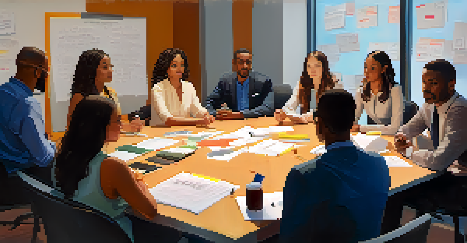 A diverse team of employees sitting in a circle during a feedback session, with a whiteboard in the background and warm lighting.