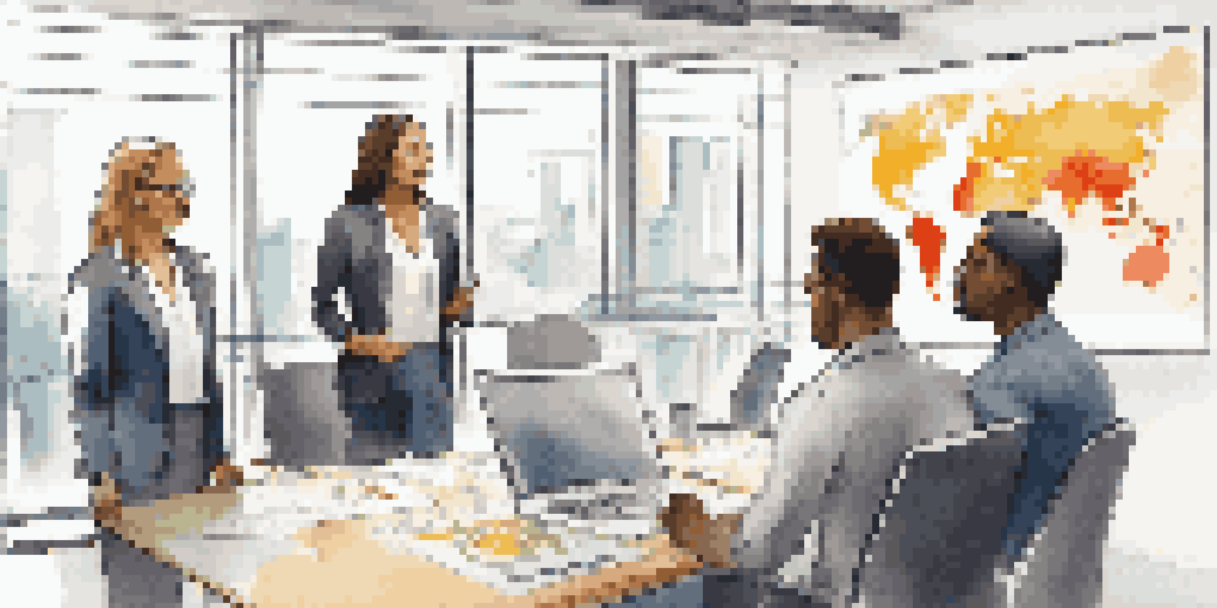 A diverse group of professionals in a bright office meeting room, with a confident woman presenting ideas at the forefront.