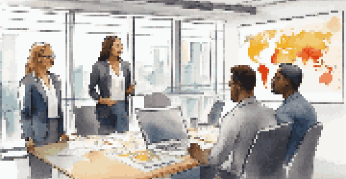 A diverse group of professionals in a bright office meeting room, with a confident woman presenting ideas at the forefront.