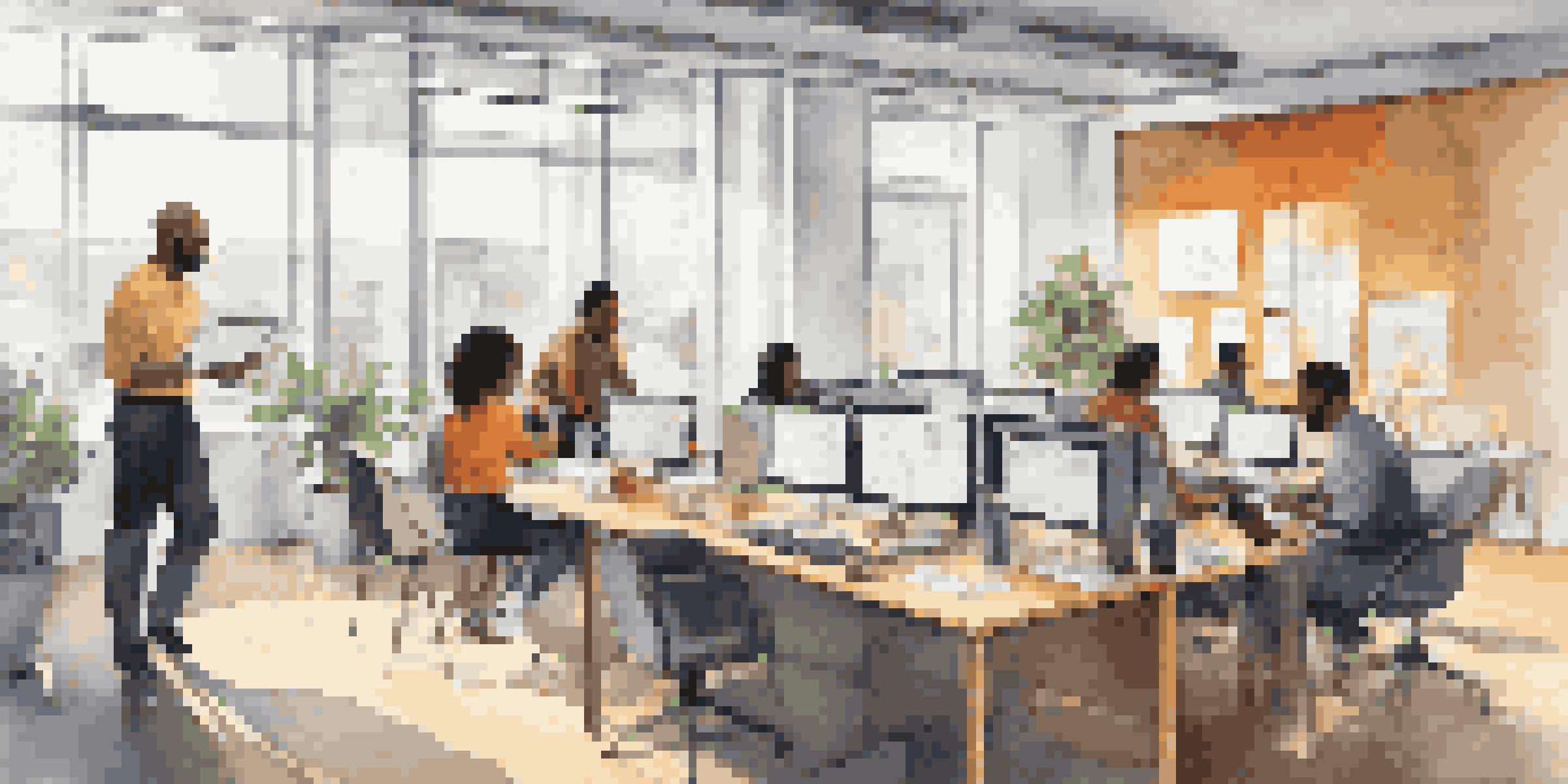 A diverse group of employees collaborating in a bright office space with natural light and modern furnishings.