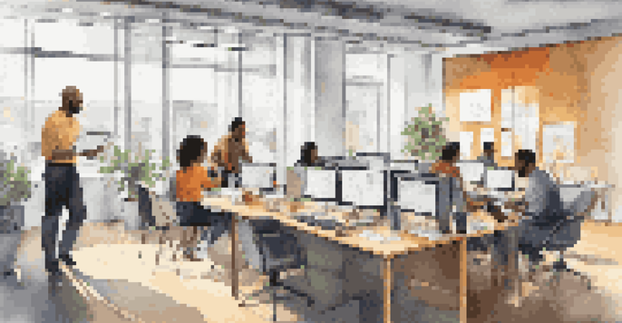 A diverse group of employees collaborating in a bright office space with natural light and modern furnishings.