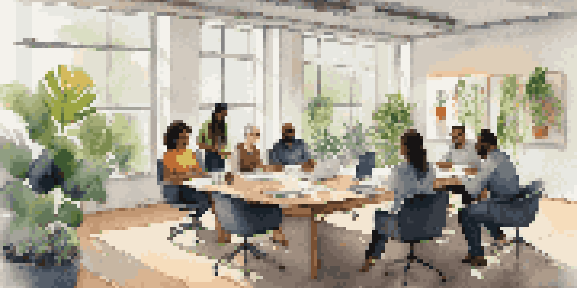 A diverse group of employees in a bright office, collaborating around a table, with plants and modern decor in the background.