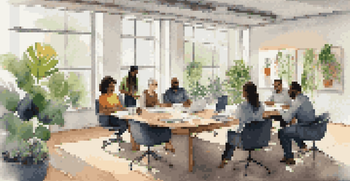A diverse group of employees in a bright office, collaborating around a table, with plants and modern decor in the background.