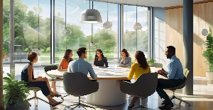 A diverse team in a bright office setting, participating in a feedback session around a circular table, with inspirational quotes on the walls.