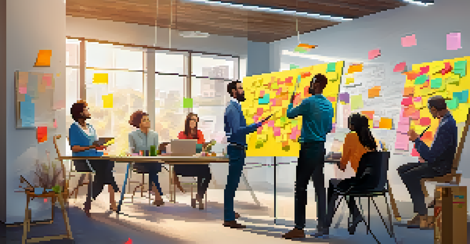 A group of people collaborating in a modern office, surrounded by colorful notes and sketches on a whiteboard.