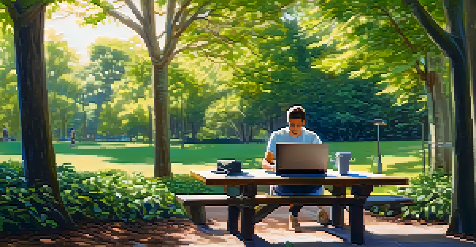 An outdoor workspace in a park with a laptop on a picnic table and a person taking notes, surrounded by trees.