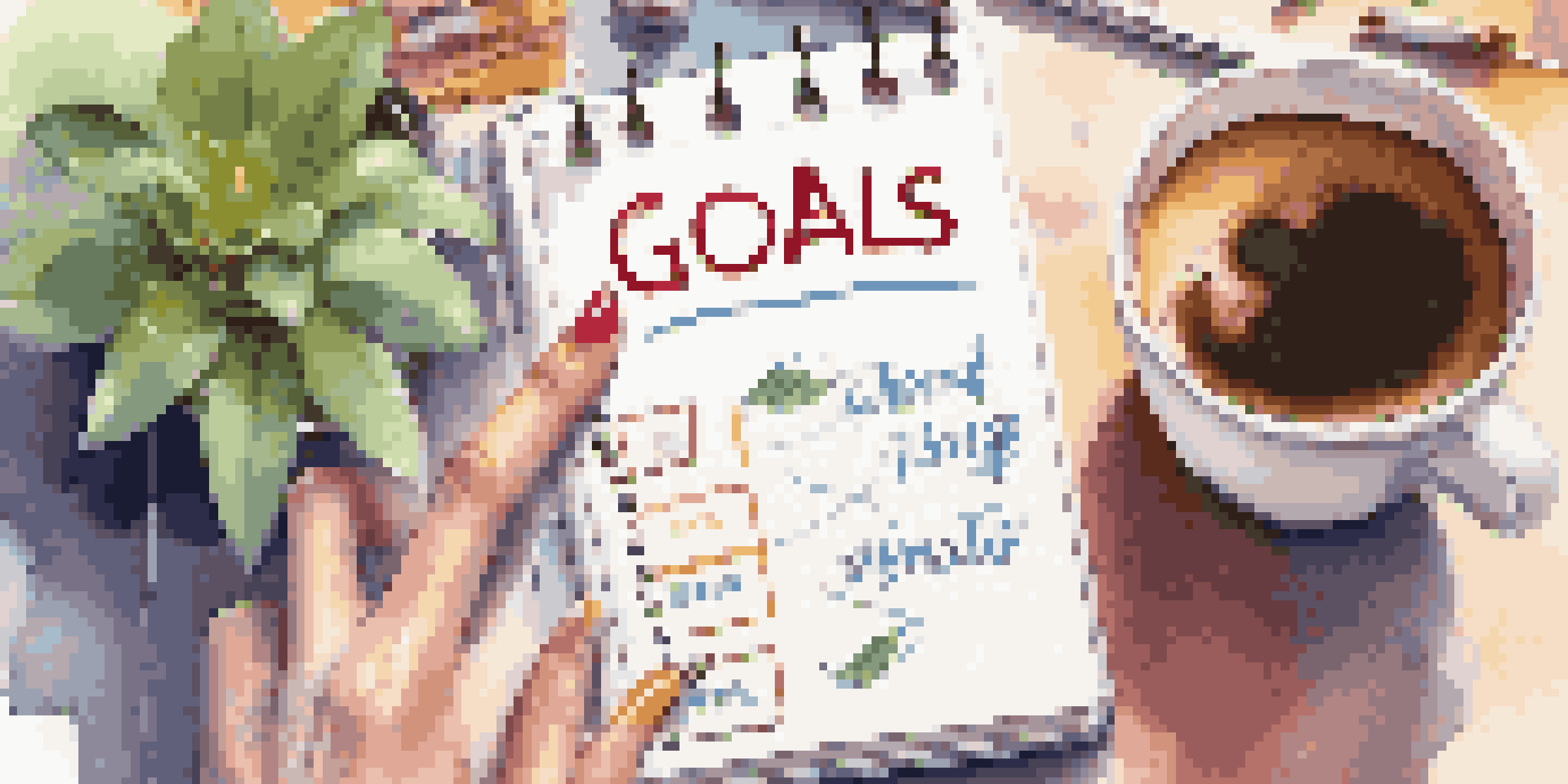 A close-up of a hand writing in a planner, with motivational items in a bright home office.