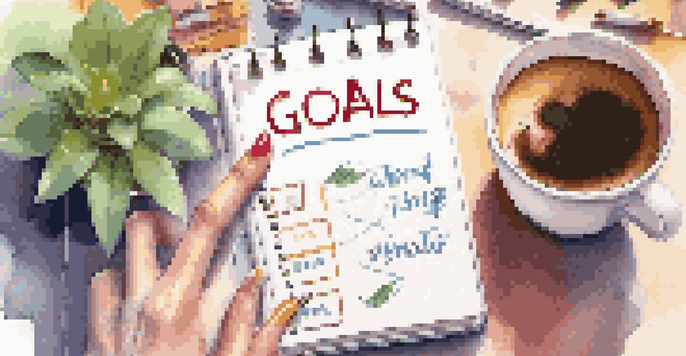 A close-up of a hand writing in a planner, with motivational items in a bright home office.