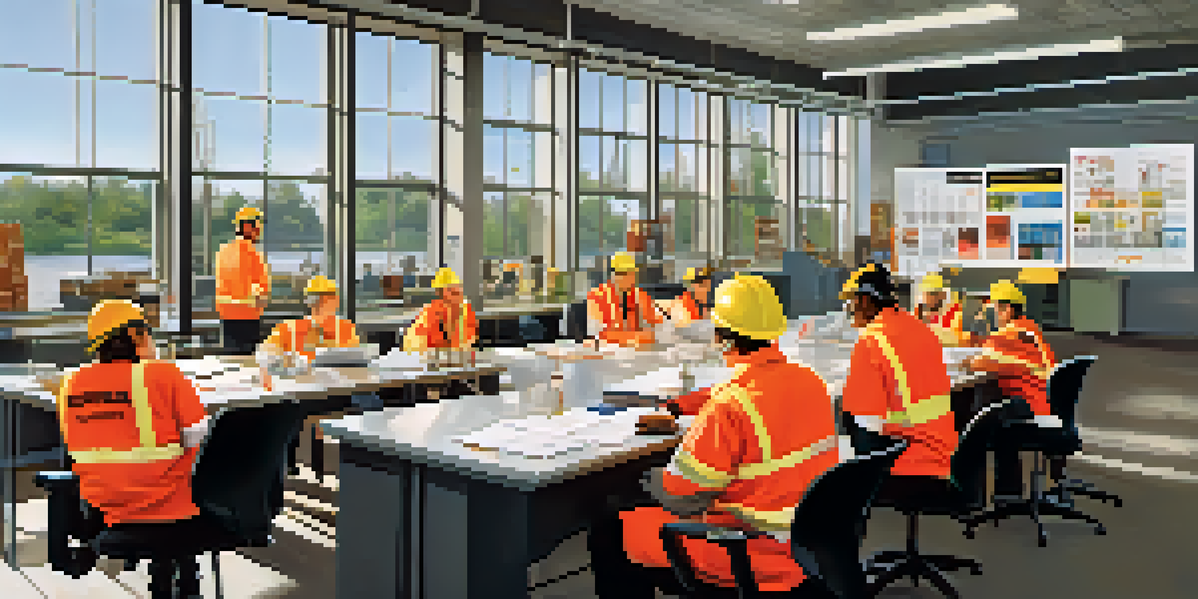 A diverse team of employees in a bright, organized room participating in a safety training session, wearing personal protective equipment.