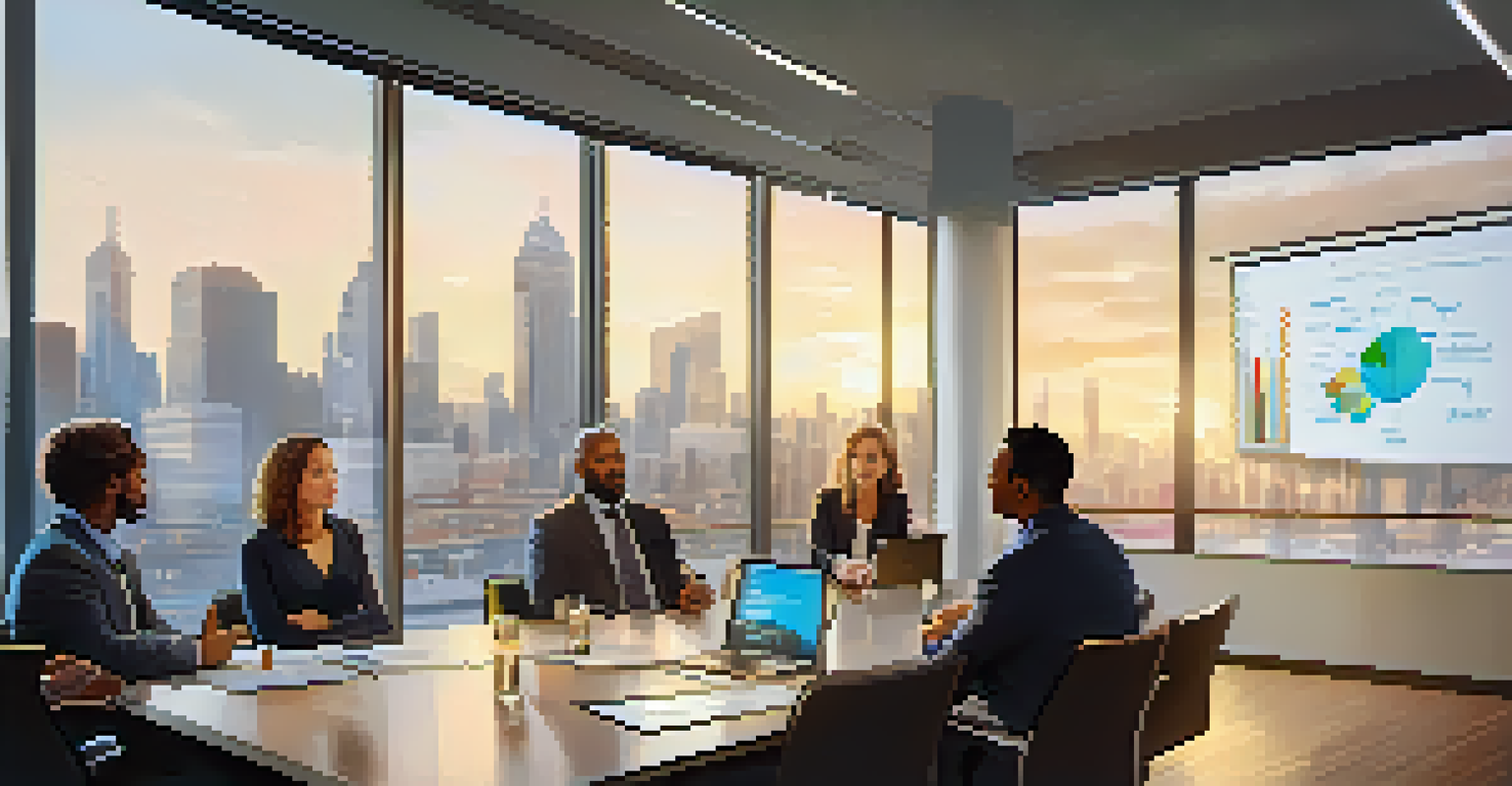A diverse group of professionals in a conference room engaged in a collaborative feedback discussion, with whiteboards and cityscape visible in the background.
