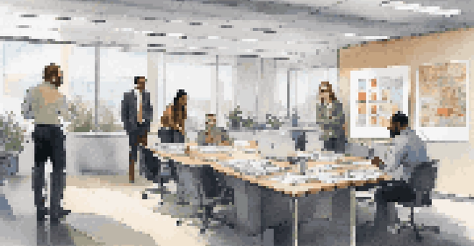 A diverse group of employees engaged in a safety audit discussion in a bright office environment, with safety posters and organized paperwork around them.